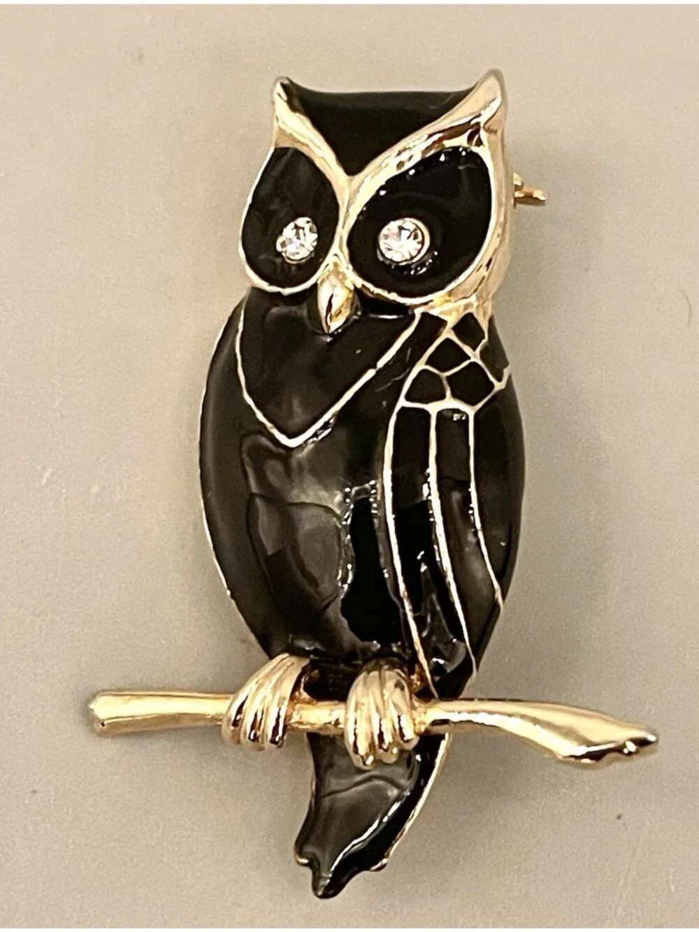 Vintage Owl Brooch Black Enamel Gold Tone Rhinestones Simple Retro